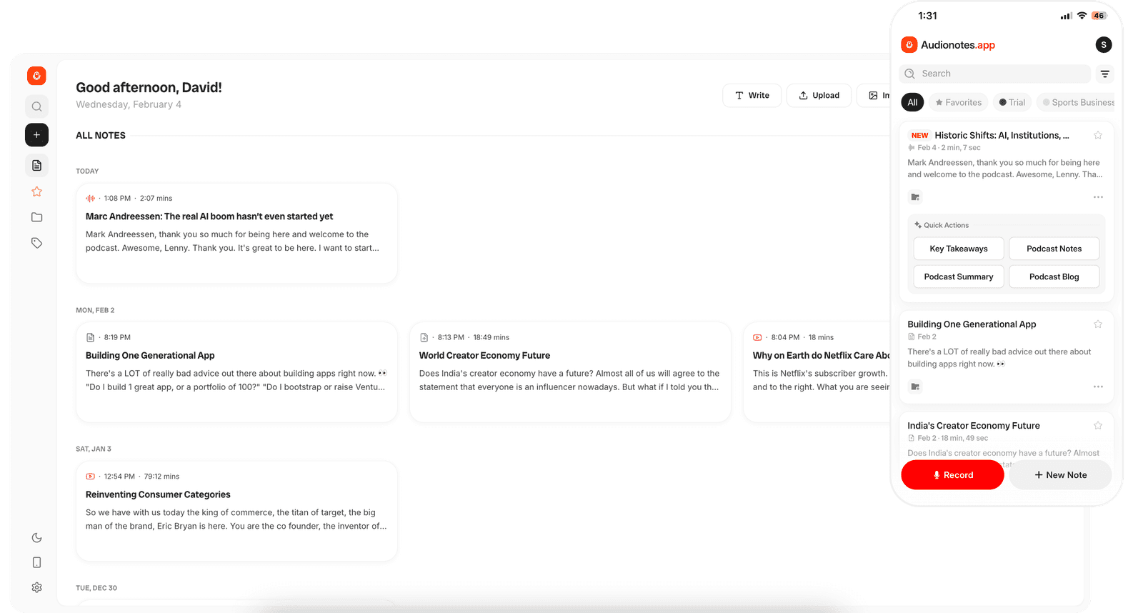 Audionotes app turning voice recordings into structured notes with summaries