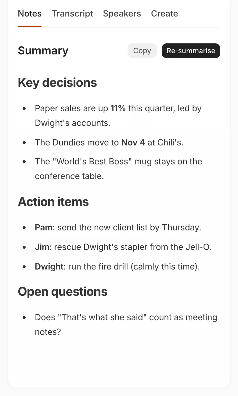 Audionotes AI summary with key decisions and action items