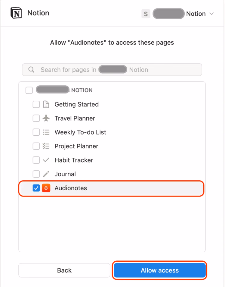 Step 2b — Select Notion Pages