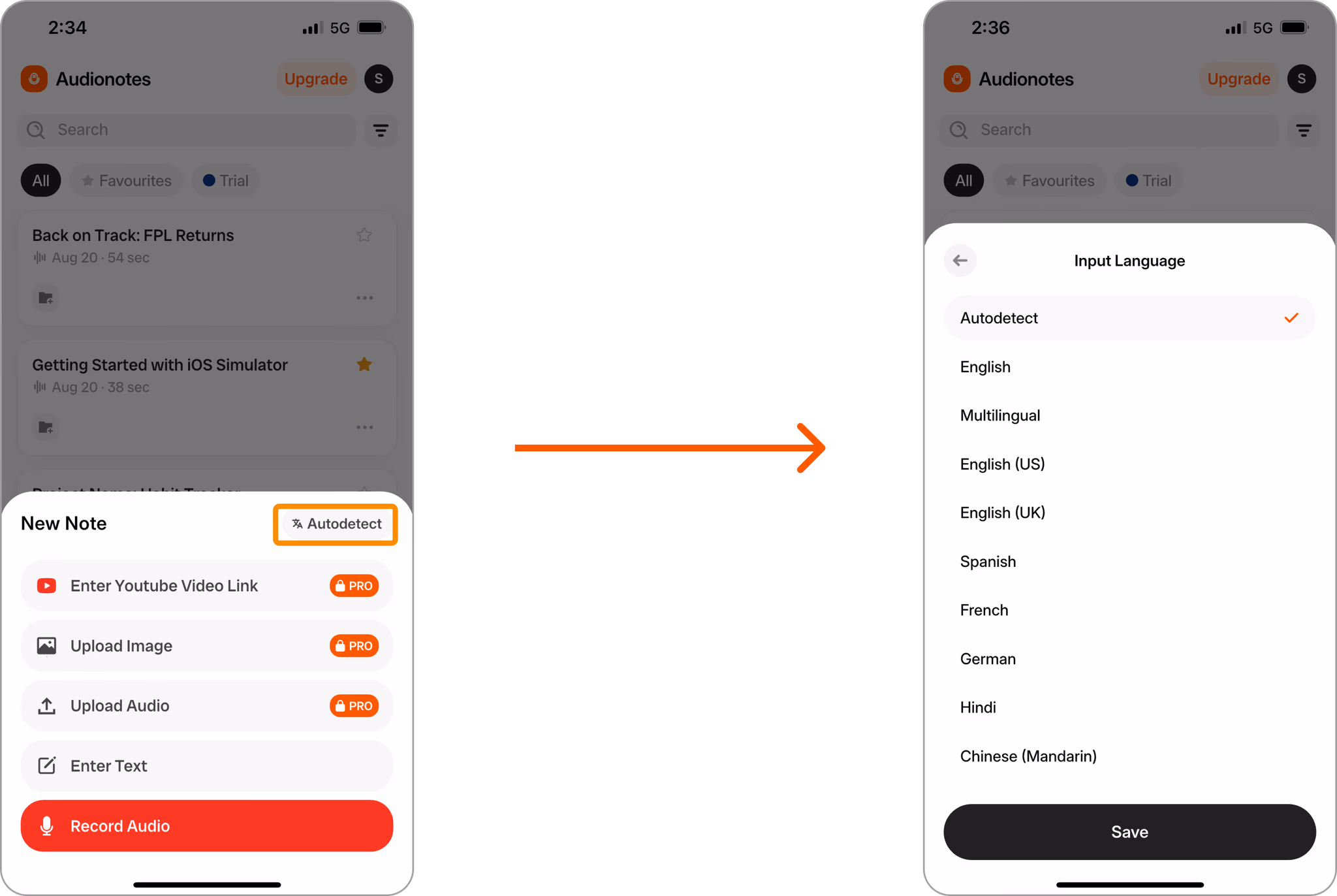 Audionotes mobile app language selection screen
