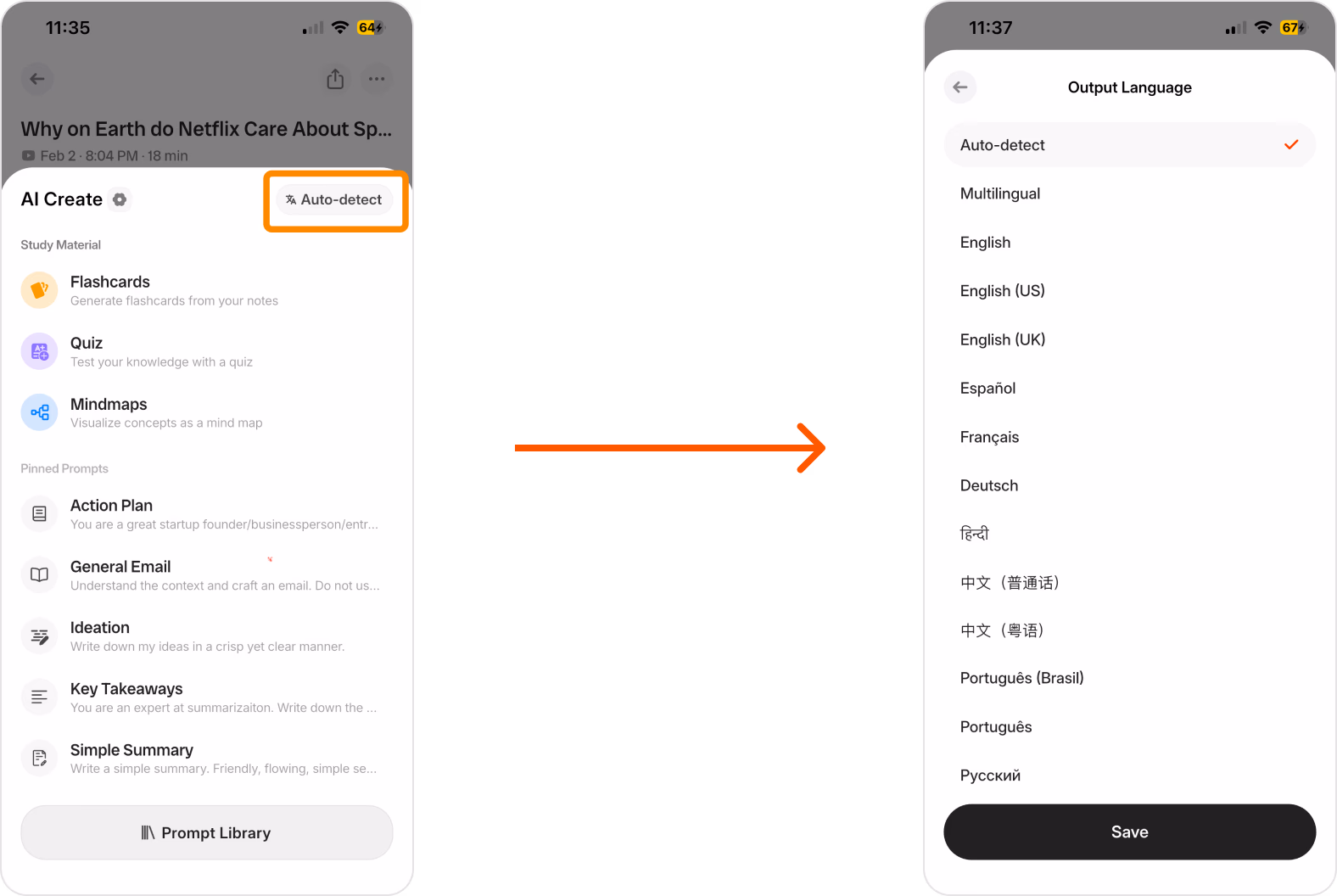 Audionotes mobile app output language settings