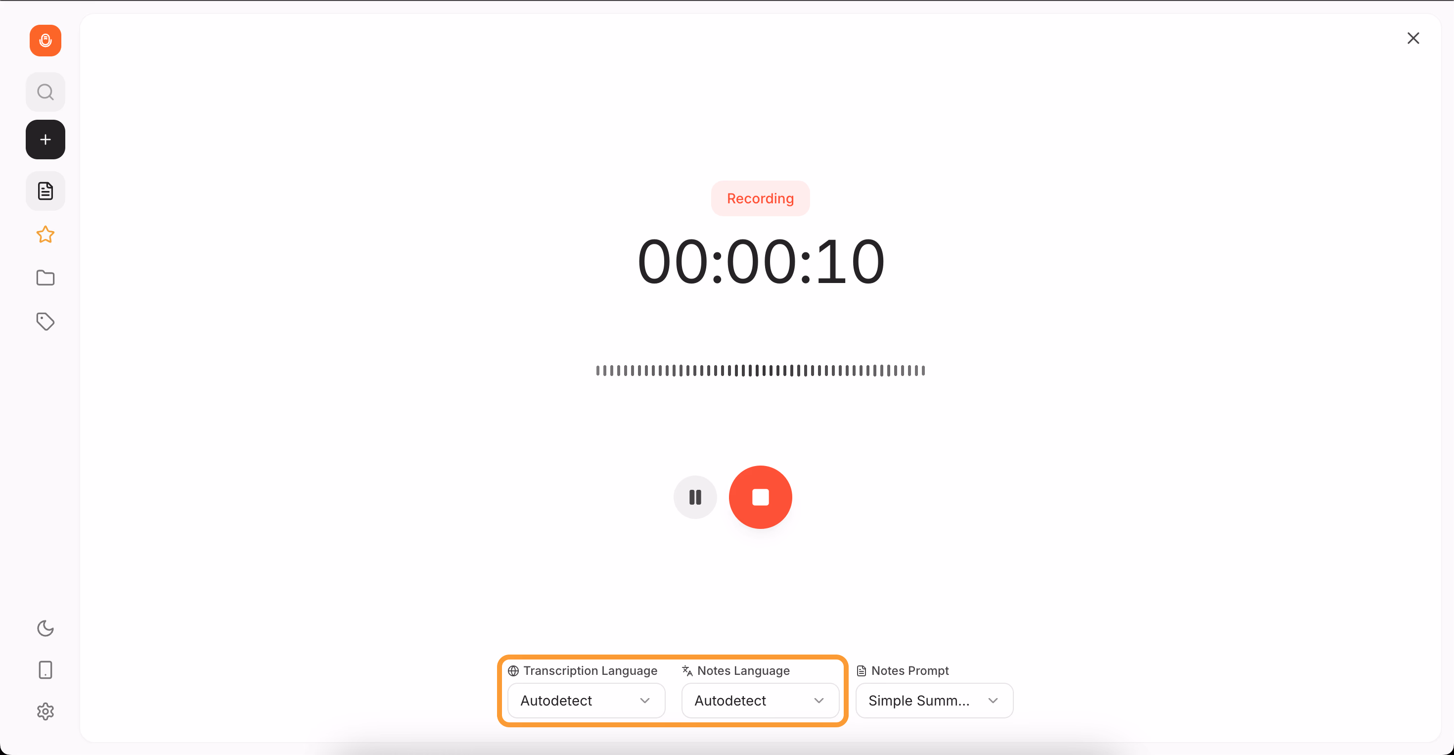 Audionotes web app language selection screen