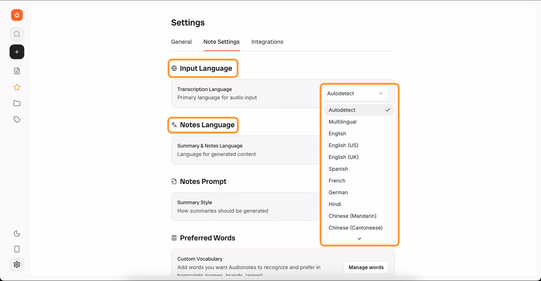 Audionotes web app output language settings