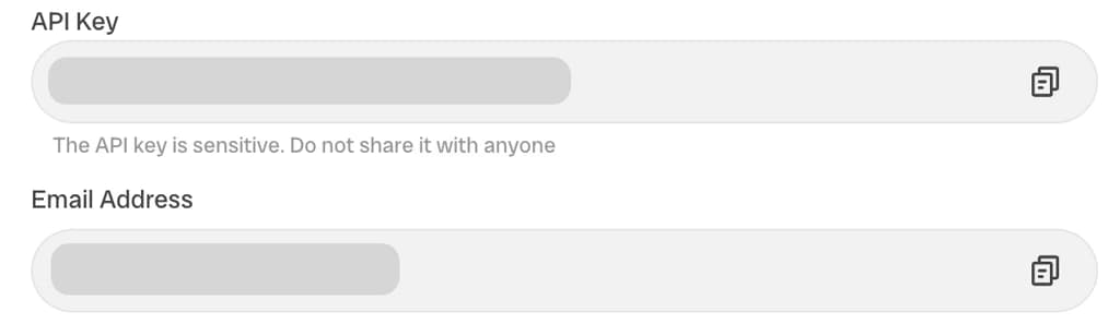 API Key and Email Address form