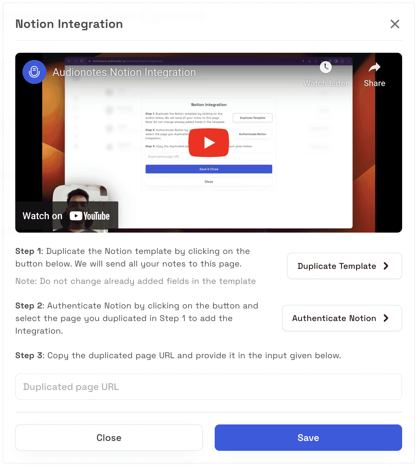 Step 3: Connect Audionotes to Notion screenshot — How to Send Audio Notes to Notion - Easy Guide