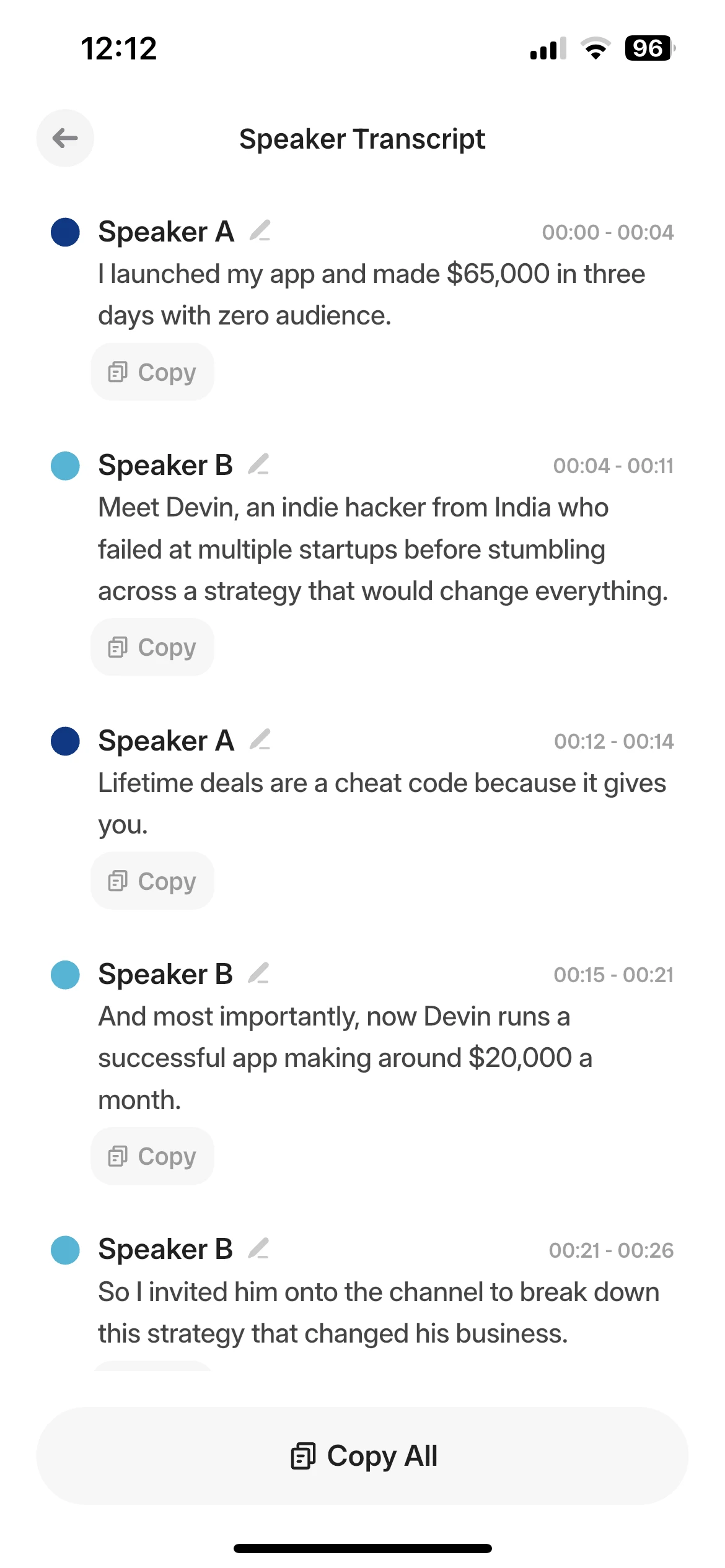 Speaker Transcript view in Audionotes