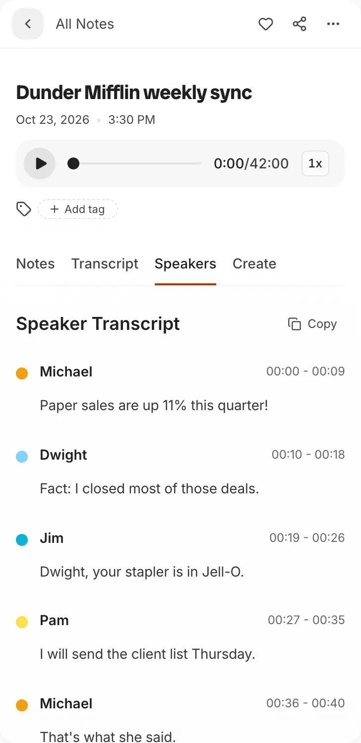 Speaker Transcript view separating each speaker in Audionotes
