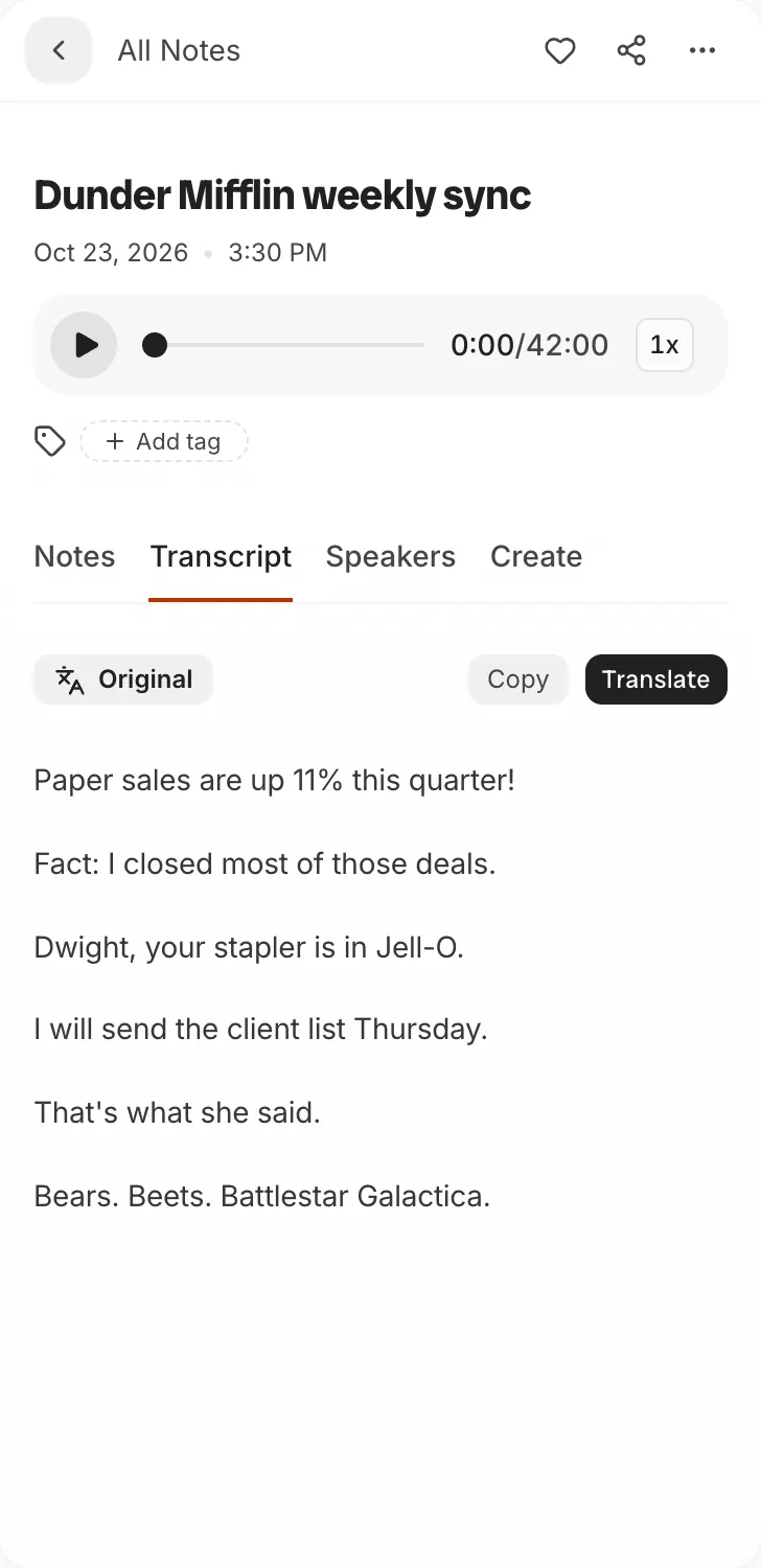 Transcript view with the audio player in Audionotes